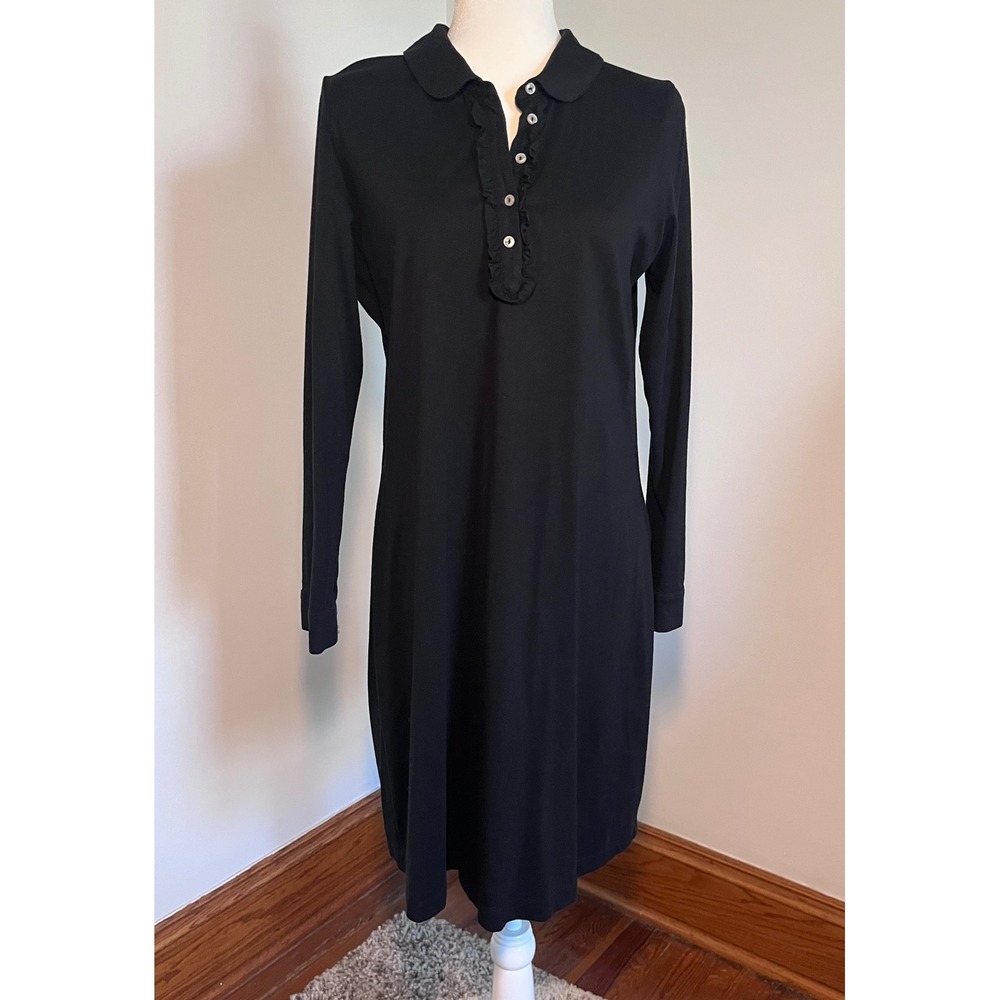 Boden Cotton Polo Shirt Ruffle Trim Dress Women 10R Black Preppy Long Sleeve